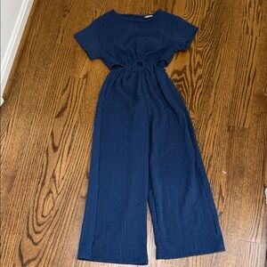 Zara Navy Blue Short-Sleeve Wide-Leg Jumpsuit with Waist Cutouts